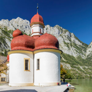 St. Bartholomä at Königssee against Watzmann, Berchtesgadener Land, Berchtesgaden National Park, Upper Bavaria, Germany St. Bartholomä at Königssee against Watzmann, Berchtesgadener Land, Berchtesgaden National Park, Upper Bavaria, Germany